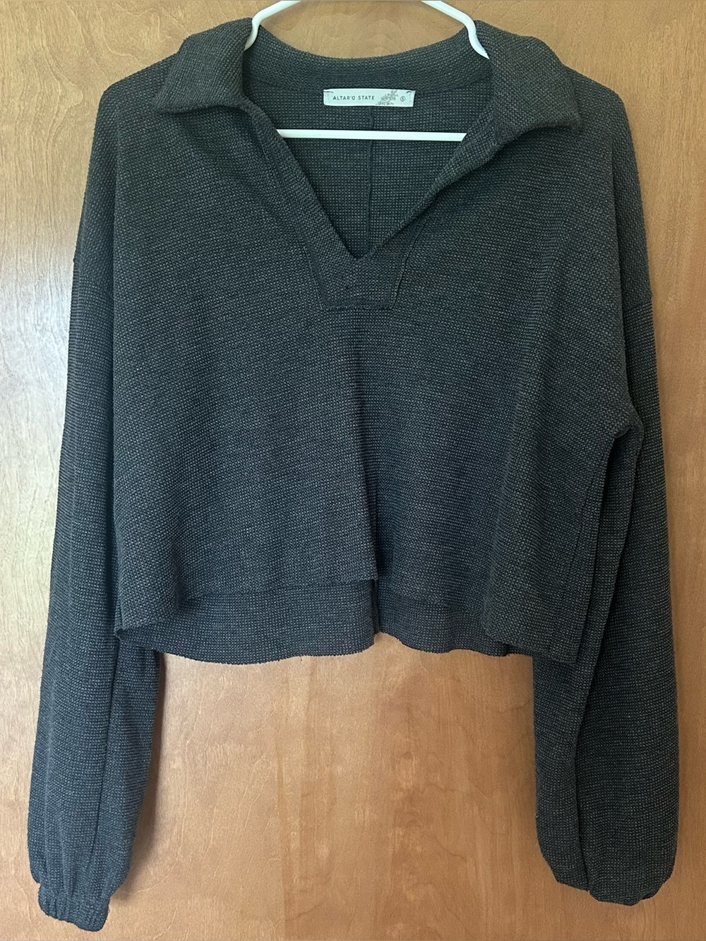 Altar'd State Brown Cropped V-Neck Pullover Sweatshirt